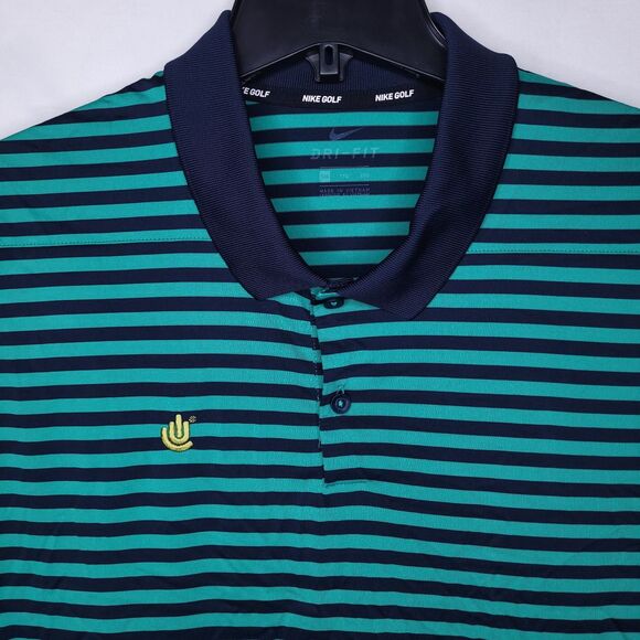 Nike Polo Shirt Mens XXL Striped Green, Navy Dri Fit Golf Swoosh - Picture 1 of 11